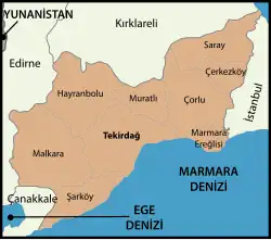 Localização da província de Tequirda na Turquia (o distrito de Süleymanpaşa aparece como Tekirdağ)