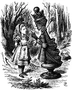 Rainha Vermelha e Alice em Through The Looking Glass, por Lewis Carroll