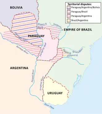 A map showing Uruguay and Paraguay in the center with Bolivia and Brazil to the north and Argentina to the south; cross-hatching indicates that the western half of Paraguay was claimed by Bolivia, the northern reaches of Argentina were disputed by Paraguay, and areas of southern Brazil were claimed by both Argentina and Paraguay