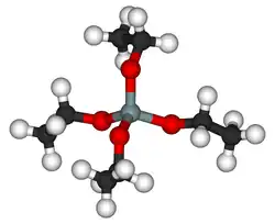 Representação 3D tipo bola-e-haste da molécula de tetraetil ortossilicato, com átomos conectados por hastes representando ligações químicas.