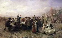 The First Thanksgiving at Plymouth (1914), pintada por Jennie Augusta Brownscombe, Museu Pilgrim Hall, Plymouth (Massachusetts)