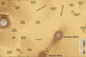 Mapa do quadrângulo de Tharsis com os principais acidentes geográficos indicados. Tharsis contém muitos vulcões, incluindo o Olympus Mons, o mais alto vulcão no sistema solar. Destaca-se o Ceraunius Tholus, que apesar de parecer pequeno, tem a altura aproximada do Monte Everest, na Terra.