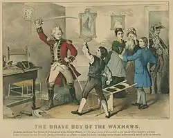 Sketch of a soldier preparing to strike a boy with a sword. The boy holds out his arm in self-defense.