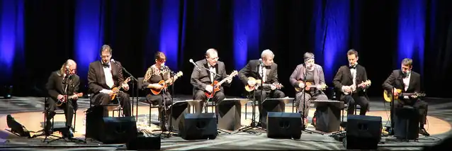 The Ukulele Orchestra of Great Britain se apresentando em 2014, com a cofundadora Kitty Lux