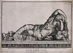 O suicídio de Cleópatra: a áspide está se contorcendo no braço esquerdo de uma Cleópatra adormecida, em uma gravura de Jean-Baptiste de Poilly (1669-1728)