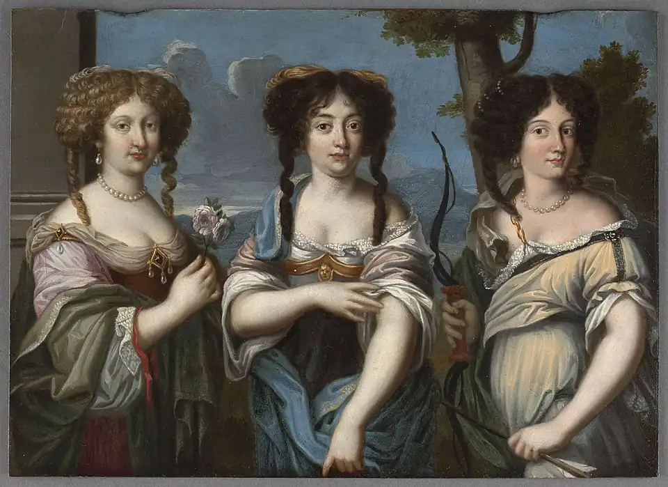 Retrato de três sobrinhas do cardeal Mazarin retratadas como as deusas romanas Vênus, Juno e Diana. Em sentido horário: Olímpia, Hortênsia e Maria Mancini