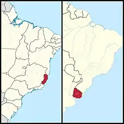Limites norte (esquerda) e sul (direita) da distribuição geográfica de T. zonaria; do Espírito Santo, na região sudeste do Brasil. até o Uruguai (RIOS, 1994).[5]