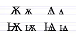 A imagem mostra todas as letras Yus juntas, sendo elas, Yus grande, Yus pequeno, Yus grande com iotacismo, e Yus pequeno com iotacismo