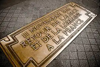 Placa comemorativa do regresso das regiões da Alsácia e da Lorena a França, 1918.