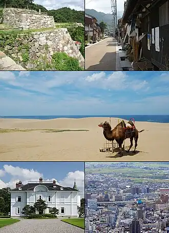 Do topo, à esquerda: Castelo de Tottori, Shikano (antiga cidade-castelo), Dunas de Tottori, Jinpūkaku e vista de Tottori a partir do Castelo de Tottori.