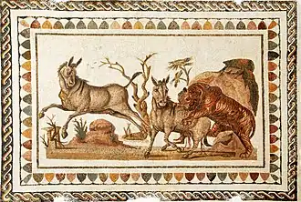 Asnos selvagens em um mosaico romano de El Jem, sendo atacados por um tigre.