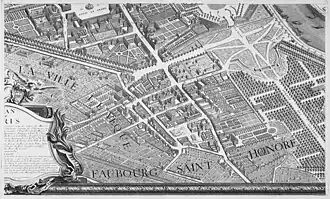 Localização da futura Rue Royale no mapa de Turgot, 1739.