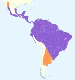 Roxo = distribuição durante o ano inteiro; laranja = distribuição de reprodução