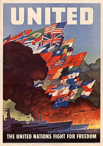 Um pôster de 1943 mostrando as bandeiras de muitos membros dos Aliados, incluindo os "Três Grandes" Três Grandes: * Reino Unido (após setembro de 1939) * União Soviética (após junho de 1941) * Estados Unidos (após dezembro de 1941) Ver lista
