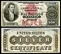 Certificado de prata de US$ 100 da série 1878 O primeiro certificado de prata de US$ 100 foi emitido com um retrato de James Monroe no lado esquerdo do anverso.