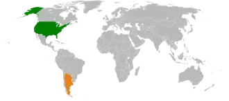 Mapa indicando localização da Estados Unidos e dos Argentina.
