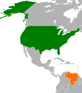 Mapa indicando localização dos Estados Unidos e da Venezuela.