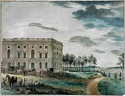 Desenho de Washington, D.C., em 1800, com colinas verdes e carruagens no Capitólio