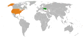 Mapa indicando localização dos Ucrânia e da Estados Unidos.
