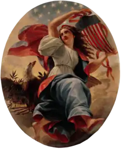 Mulher de branco, azul e vermelho correndo e olhando para cima, segurando uma representação da bandeira dos Estados Unidos