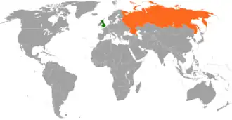 Mapa indicando localização do Reino Unido e da Rússia.