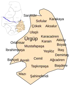 Mapa esquemático de Ürgüp e sua localização na província de Nevşehir