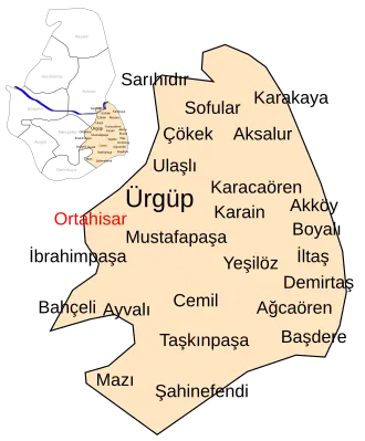 Localização do distrito de Ürgüp e de Ortahisar na província de Nevşehir