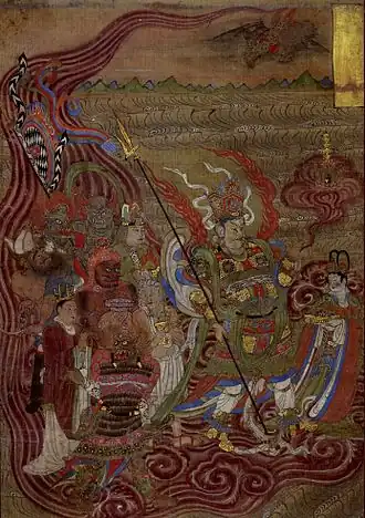 Vaixravana cavalgando através das ondas, século X, gruta em Dunhuang. O culto de Vaixravana tornou-se proeminente no budismo esotérico em meados da dinastia Tang.[166]