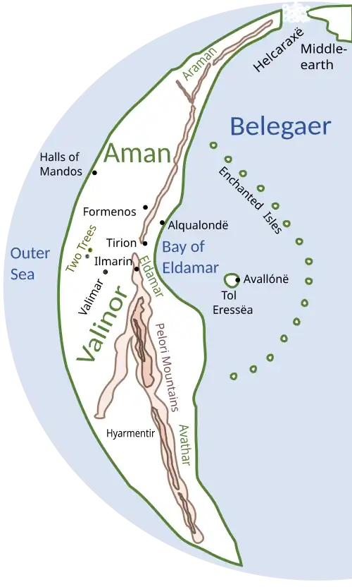 Mapa esquemático de Valinor, mostrando suas principais características geográficas