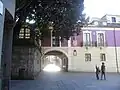 Magnólia centenária e arco do pazo dos Cru e Montenegro .
