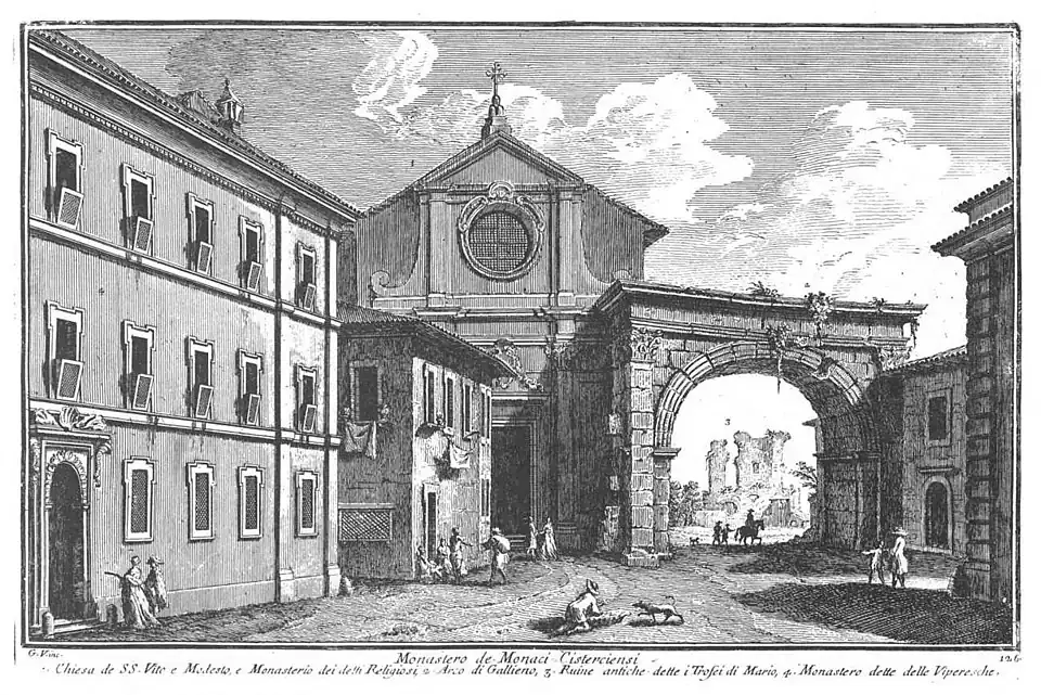 Gravura de Vasi (séc. XVIII), mostrando o mosteiro cisterciense à esquerda, ao lado da igreja.