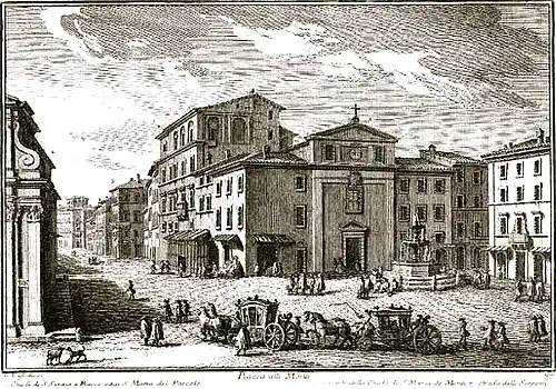 Gravura de Giuseppe Vasi (1750) da igreja e a Piazza Madonna dei Monti em frente.