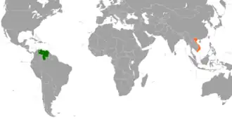Mapa indicando localização da Venezuela e do Vietnã.