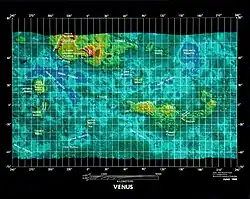 Um mapa de uma região de Vênus, produzido a partir de dados coletados através da Pioneer Venus Orbiter.