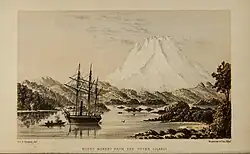 Ilustração antiga do Monte Burney com navio à vela em primeiro plano.