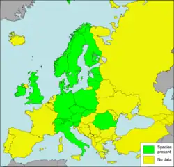 Mapa de distribuição de Vertigo geyeri na Europa. Em verde estão os países onde a espécie pode ser encontrada.