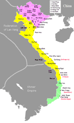 Map of Vietnam from 1540 to 1592 during Southern and Northern Dynasties period shows the division of Đại Việt between &nbsp;&nbsp;&nbsp;Mạc dynasty &nbsp;&nbsp;&nbsp;Lê dynasty under command of Nguyễn Kim &nbsp;&nbsp;&nbsp;Kingdom of Champa.