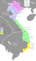 Map of Vietnam from 1569 to 1592 shows the division of Đại Việt between land of &nbsp;&nbsp;&nbsp;Nguyễn clan when Nguyễn Hoàng was appointed as governor of Thuận Hóa and Quảng Nam &nbsp;&nbsp;&nbsp;Lê dynasty under Trịnh clan's authority &nbsp;&nbsp;&nbsp;Mạc dynasty &nbsp;&nbsp;&nbsp;Kingdom of Champa.