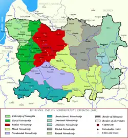 Mapa mostrando a localização da voivodia de Vilnius (em vermelho) na República das Duas Nações.
