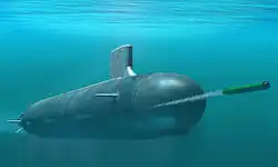 Uma imagem artística demonstrando um submarino da classe Virgínia disparando um torpedo.
