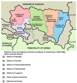 Distritos da voivodia da Sérvia e do Banato de Tamis (1850-1860).