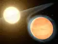 Quente, planeta rico em carbono WASP-12b e sua estrela hospedeira. (A cor exoplaneta era desconhecida no momento da concepção desse artista).