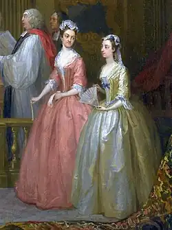 Damas de honra em um casamento usando mântuas. Inglaterra, 1729.