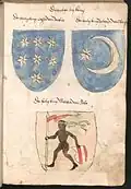 Brasões de armas dos Três Reis Magos, com "Baltasar de Tarso" sendo representando por uma estrela e crescente (minguante) em um campo azul, Wernigerode Armorial (c. 1490)