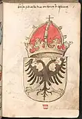 Brasão de Frederico III (r. 1452–1493) no Armorial Wernigerode (ca. 1490)