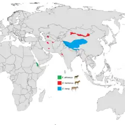 Distribuição das três espécies vivas de burros selvagens