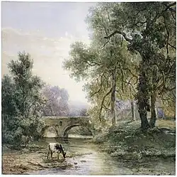 W. Roelofs, paisagem arborizada com ponte de pedra sobre um rio ', 1852, aquarela sobre papel.