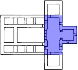 Planta da ermida de Santa María de Lara, parte preservada destacada a azul, início do século VIII, Quintanilla de las Viñas (perto de Burgos), Espanha