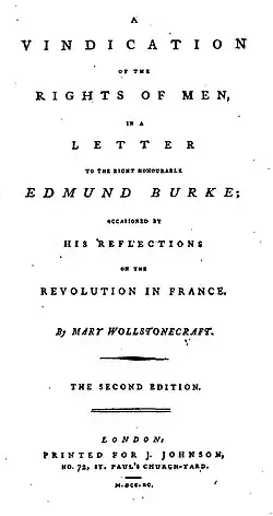 Lê-se na título "Uma Reivindicação dos Direitos dos Homens, em uma Carta para o O Muito Honorável Edmund Burke; Ocasionada por suas Reflexões sobre a Revolução Francesa. Por Mary Wollstonecraft. Segunda Edição. Londres: Impresso por J. Johnson, nº 72, Catedral de São Paulo. M.DCC.XC."