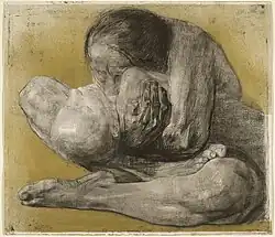 Mulher com filho morto, 1903, água-forte, ponta seca, esmeril e verniz mou com impressão em papel artesanal e papel de transferência Ziegler, com pedra de argila pulverizada dourada